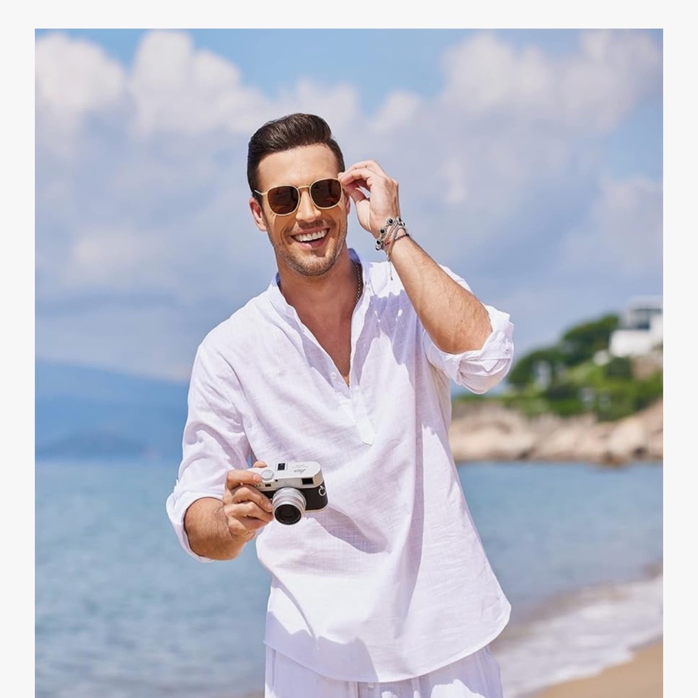 Coofandy White Cotton Linen Henley T-shirt - Picture 3 of 8
